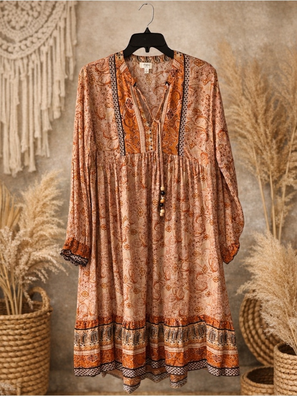 Umgee, Paisley Midi Dress, Women’s, Medium, Boho Tassel, Orange Multicolor